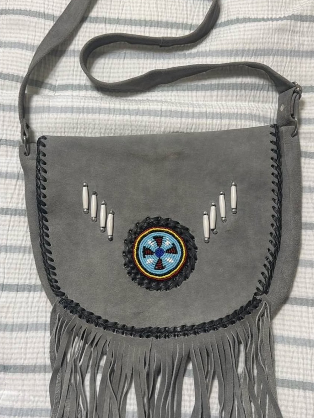 Gray Suede Fringe Crossbody Bag with Beaded Medallion